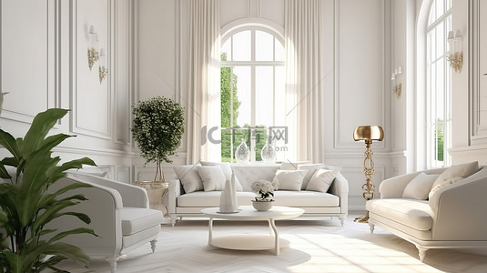 古典风格的客厅在令人惊叹的 3D 渲染中散发出舒适和明亮的气息