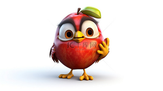 一只幽默的 3D 鸟类紧紧抓住苹果