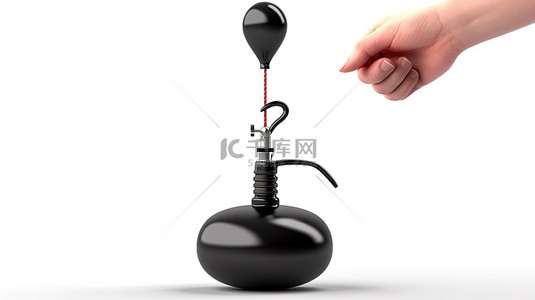 3D 渲染的黑色手气泵使气球充气并在白色背景上显示“结果”