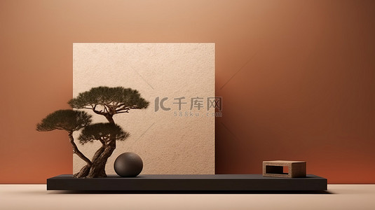 黄昏ppt背景图片_日本禅宗花园，配有棕色讲台，用于 3D 产品展示
