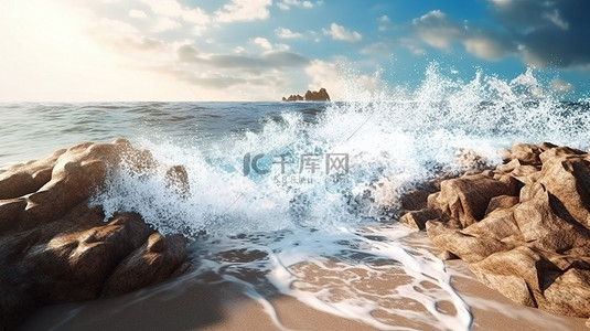 3d 渲染的海滩场景强大的海浪撞击冲击岩石