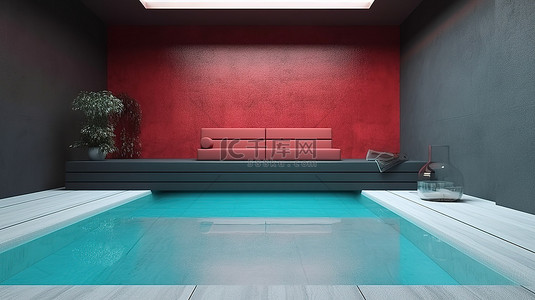 红白色现代背景图片_带有大胆红色调的私人室内游泳池令人惊叹的 3D 渲染