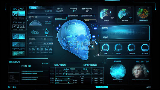 数字信息可视化背景图片_未来医学平视显示器上的 3D 大脑插图