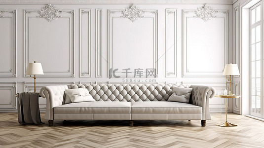 经典内饰的永恒簇绒沙发，配有白色模压墙壁人字形镶木地板和复制空间 3D 渲染