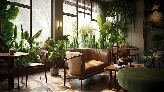 咖啡店或咖啡馆 3D 渲染带有室内花园的起居空间