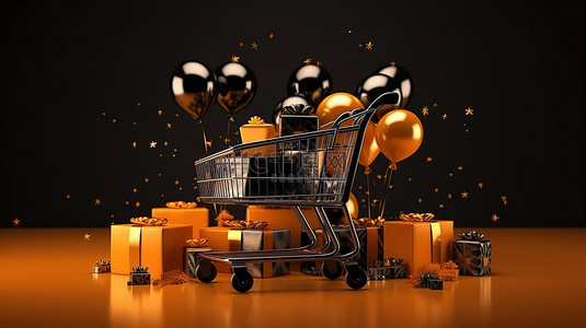 超级背景图片_黑色星期五超级销售购物车礼品盒和季节性促销的 3D 渲染
