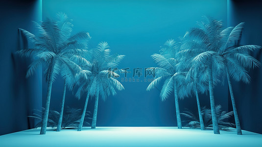 棕榈树的 3d 渲染装饰蓝色背景横幅