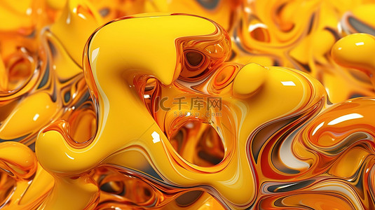 令人惊叹的橙色和黄色液体抽象背景的充满活力的 3D 插图