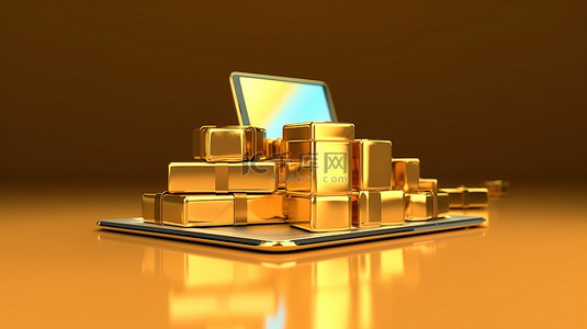 黄金电子商务平板电脑的 3D 渲染，非常适合在线营销