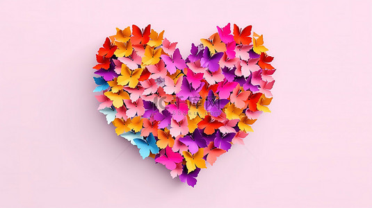 心形纸蝴蝶，色彩鲜艳，以 3D 渲染并带有剪切路径