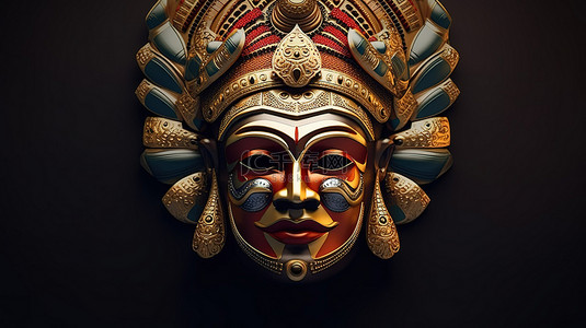 装饰精美的卡塔卡利面具，带有雄伟的王冠，令人惊叹的 3D 渲染插图