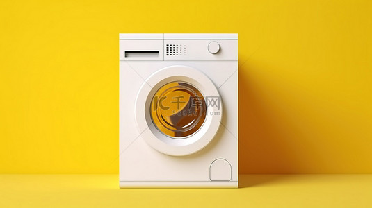 现代白色洗衣设备，带有 3D 渲染的黄色口音