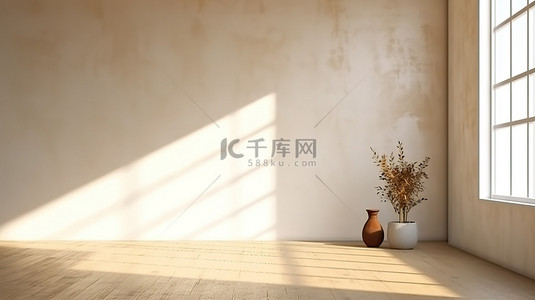空白墙演示阳光照射的空房间，带有阴影木地板和 3D 设计