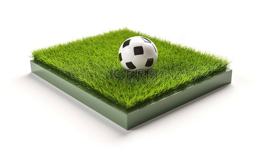 比赛足球场背景图片_白色背景上有绿草和足球的迷你足球场的真实 3D 插图