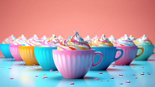 粉红色和蓝色背景下奶油色顶部彩色杯子的 3D 渲染插图