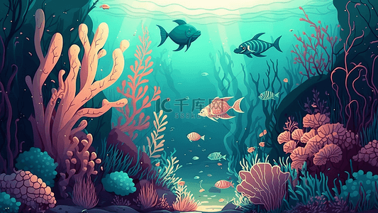 珊瑚鱼类海底世界可爱卡通插画