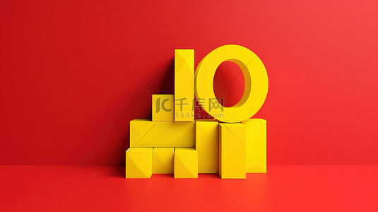 红色徽背景图片_3d 黄色插图，红色背景，复制空间显示 10