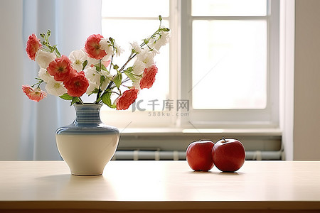 绿色苹果背景图片_一个绿色花瓶，里面有鲜花和苹果