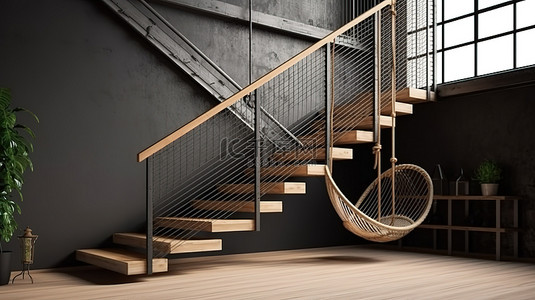 时尚现代的阁楼设计与时尚的吊索楼梯 3D 渲染