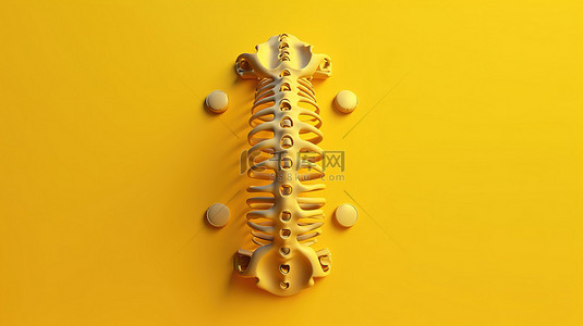 疼痛的护理背景图片_3D 渲染中呈现的亮黄色背景上的脊柱亮点