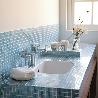 带蓝色瓷砖的浴室水槽台面