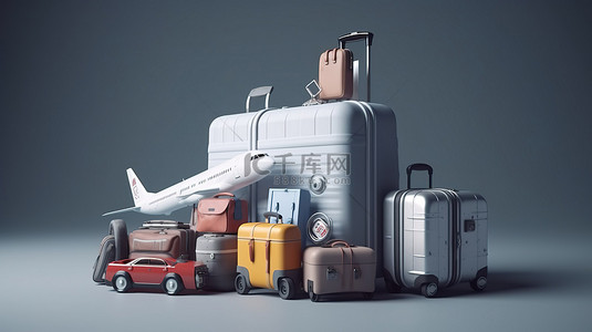 带着手提箱和护照乘坐 3d 汽车和飞机旅行