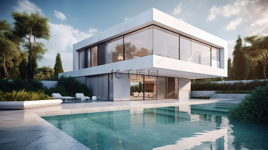 游泳池绿洲 令人惊叹的 3D 现代别墅