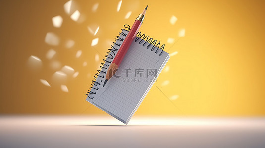 悬浮铅笔和最小记事本用于任务规划的 3D 渲染待办事项列表