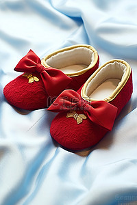 白色床单下放着一双带红色领结的婴儿拖鞋