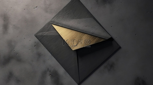 混凝土地板上带有金色邀请样机的开放式黑色信封的 3D 渲染