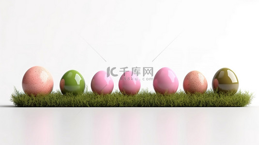 菜单空白背景图片_彩色复活节彩蛋排列在空白横幅桌面显示器中，并带有绿草 3D 渲染