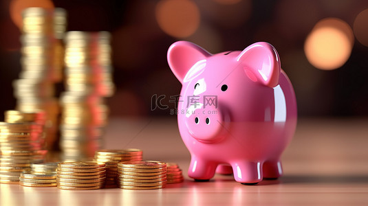 双11省钱大作战背景图片_粉红存钱罐上金币堆的 3D 渲染是省钱和财务规划的象征