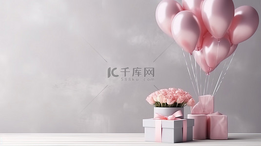 情人节快乐海报背景图片_用心形气球和礼品盒庆祝母亲节的插图背景