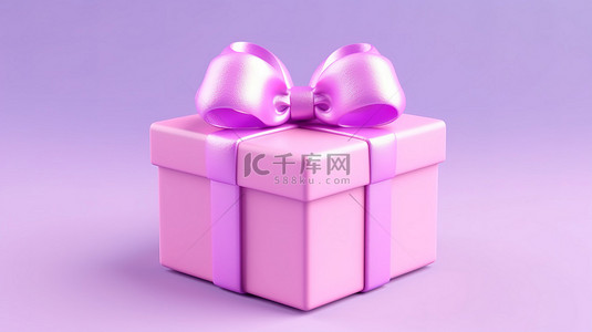 紫色背景隔离礼品盒的 3D 渲染，带有柔和的粉色柔和丝带蝴蝶结