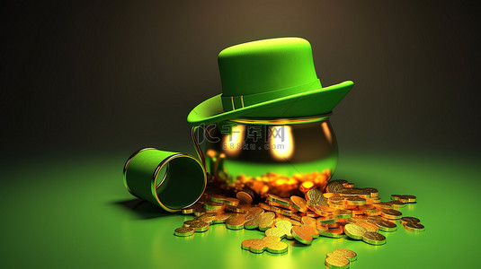 帽子绿色背景图片_圣帕特里克节 3D 渲染横幅，其中有一罐金子和一顶妖精的帽子