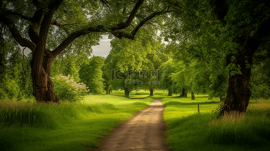 秋天风景背景图片_公园林间小道树木成行青草背景