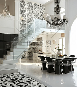 带楼梯和吊灯的白色和黑色厨房