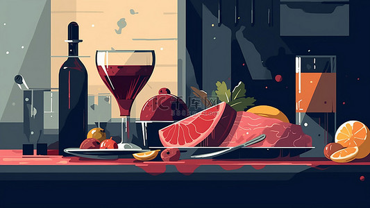 水果扁平插画背景图片_食物食品美食扁平红色