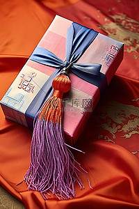 中秋书法背景图片_带有流苏和书法的蓝色和红色礼品包装