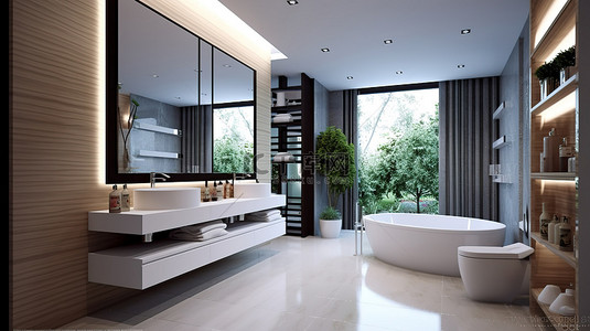 酒店浴缸背景图片_现代浴室内饰和家具 3D 概念化和可视化