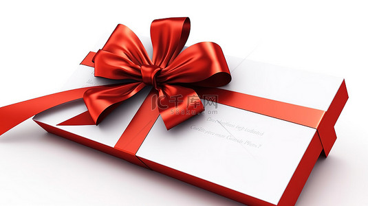 卡红背景图片_在 3D 呈现的原始白色背景上丝带包裹的礼品卡