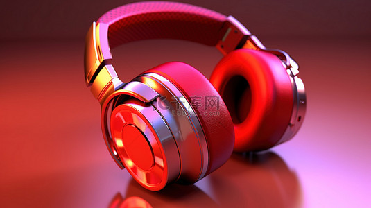 充满活力的红色耳机的 3D 渲染，带来身临其境的音乐体验