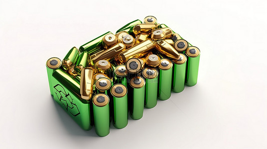 白色背景上绿色箭头包围的电池回收可充电电池的 3D 渲染概念