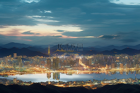 国学达人背景图片_黄昏时首尔湾岸的城市景观