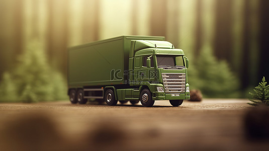 卡森林背景图片_与自然和谐相处的绿色物流 模糊森林背景下树叶装饰卡车的 3D 插图