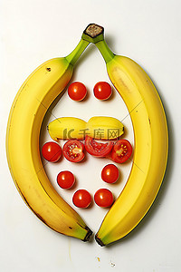 小香蕉背景图片_香蕉脸和白色的西红柿
