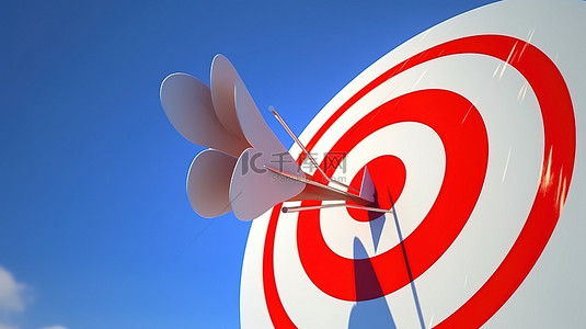 飞镖背景图片_金属箭头在蓝天 3d 渲染中刺穿红色和白色的靶心目标