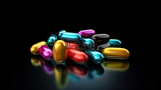 充满活力的药物胶囊在黑色背景上切出，3D 渲染中的健康和药学概念
