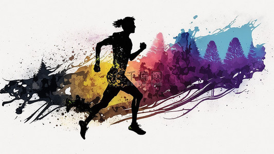 跑步运动女生背景图片_跑步剪影水彩彩色背景
