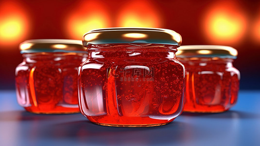充满果酱和蜜饯的红色玻璃罐的 3D 渲染